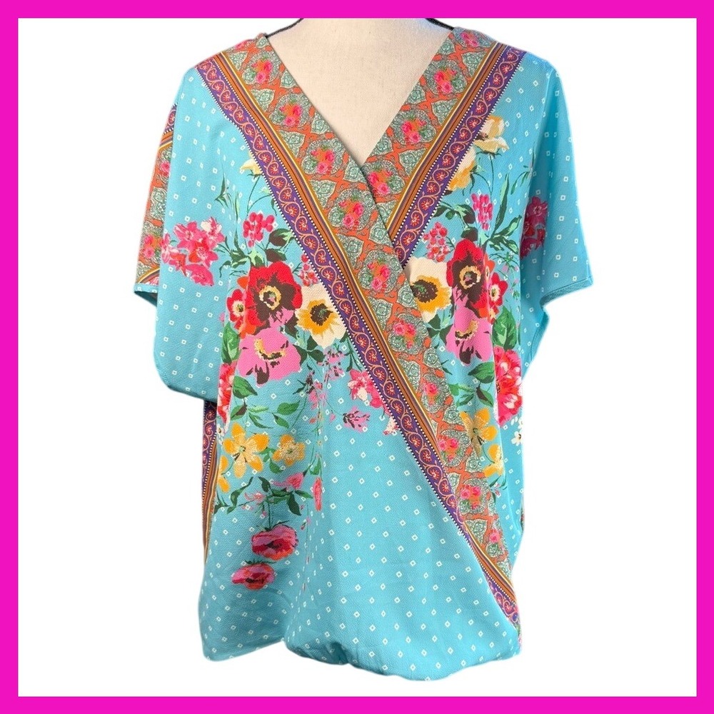 Umgee USA Floral Print Top Blue V Neck Short Sleeve Blouse‎ Womens Size M